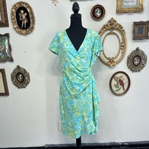 Vintage Maggy London 100% Silk Psychedelic Floral Wrap Dress Y2K Size 10